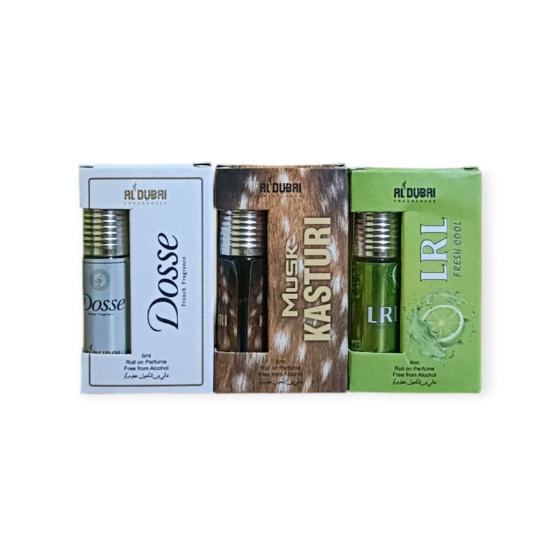 Al Dubai Combo – Dosse, Musk Kasturi & LRL Fresh Cool (6ml x 3 Roll On Perfumes, Alcohol Free)