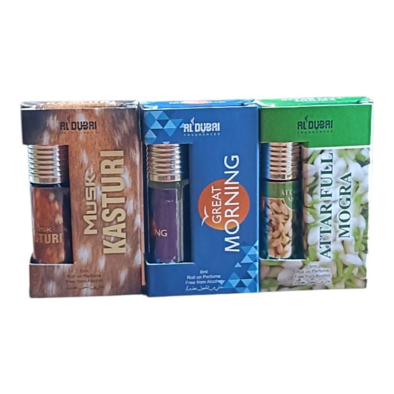 Al Dubai Combo   Musk Kasturi,Great Morning & Pure Jasmine(Mogra)  (6ml x 3 Roll On Perfumes, Alcohol Free)