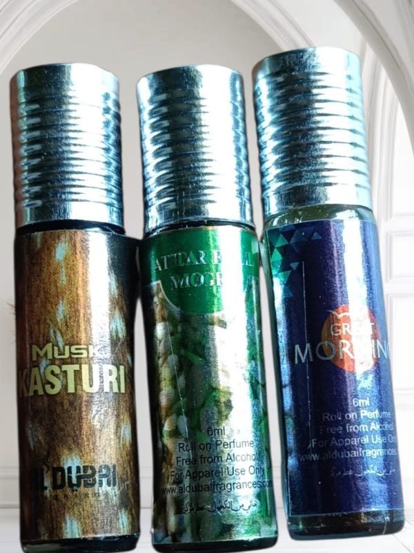 Al Dubai Combo   Musk Kasturi,Great Morning & Pure Jasmine(Mogra)  (6ml x 3 Roll On Perfumes, Alcohol Free)