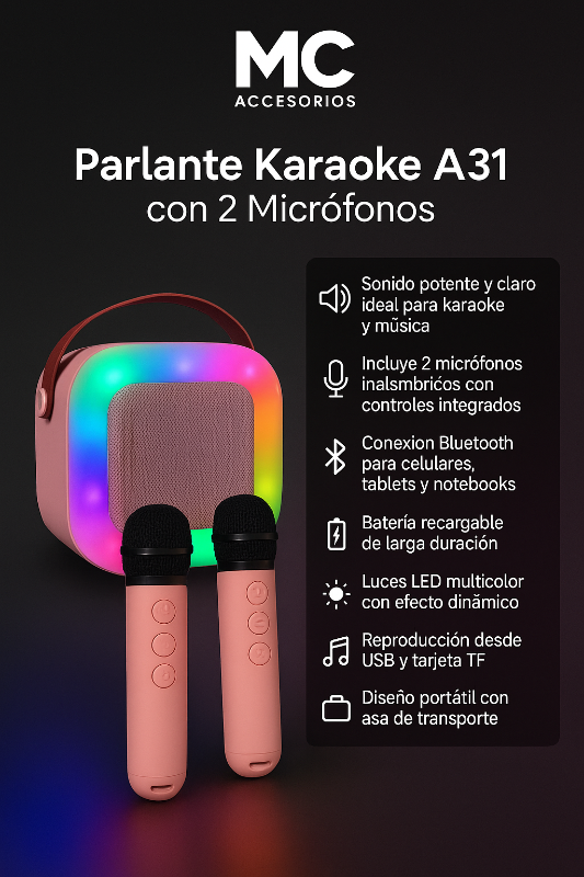 PARLANTE KARAOKE A31 CON 2 MICROFONOS