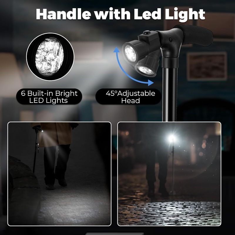 Portable Folding Walking Stick with Led Light & Aluminium Handle For Adults or old Peoples Black