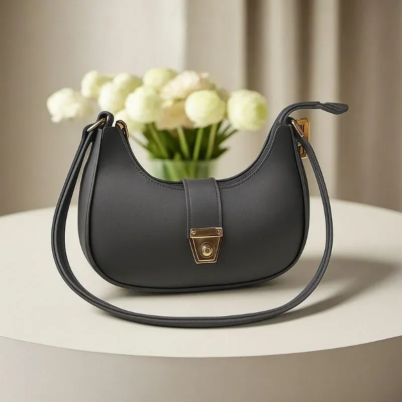 Crescent Luxury Faux Leather Shoulder Bag | Dark Gray Elegant Handbag for Women