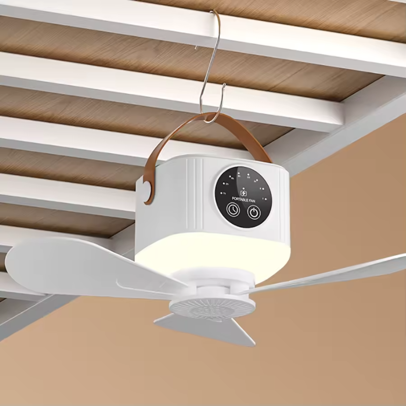USB Dormitory Camping Small Ceiling Fan Rechargeable With 8 Hour Timer Night Light And 4 Speed Portable Design