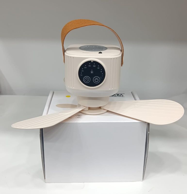 USB Dormitory Camping Small Ceiling Fan Rechargeable With 8 Hour Timer Night Light And 4 Speed Portable Design