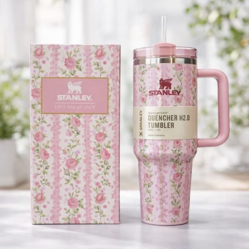 Premium Stanley Style Tumbler 40oz Stainless Steel Insulated Travel Mug with Handle and Straw – Leak Resistant Thermal Cup for Hot and Cold Drinks