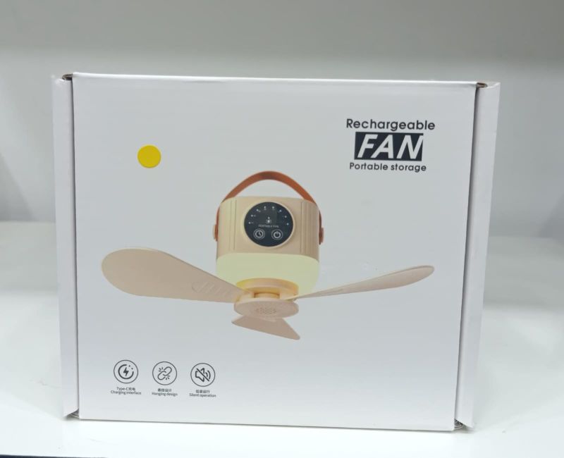 USB Dormitory Camping Small Ceiling Fan Rechargeable With 8 Hour Timer Night Light And 4 Speed Portable Design