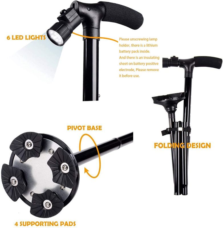 Portable Folding Walking Stick with Led Light & Aluminium Handle For Adults or old Peoples Black