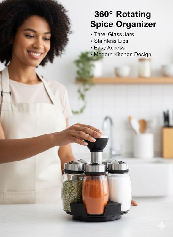 360° Rotating Spice Organizer Rack with Glass Jars