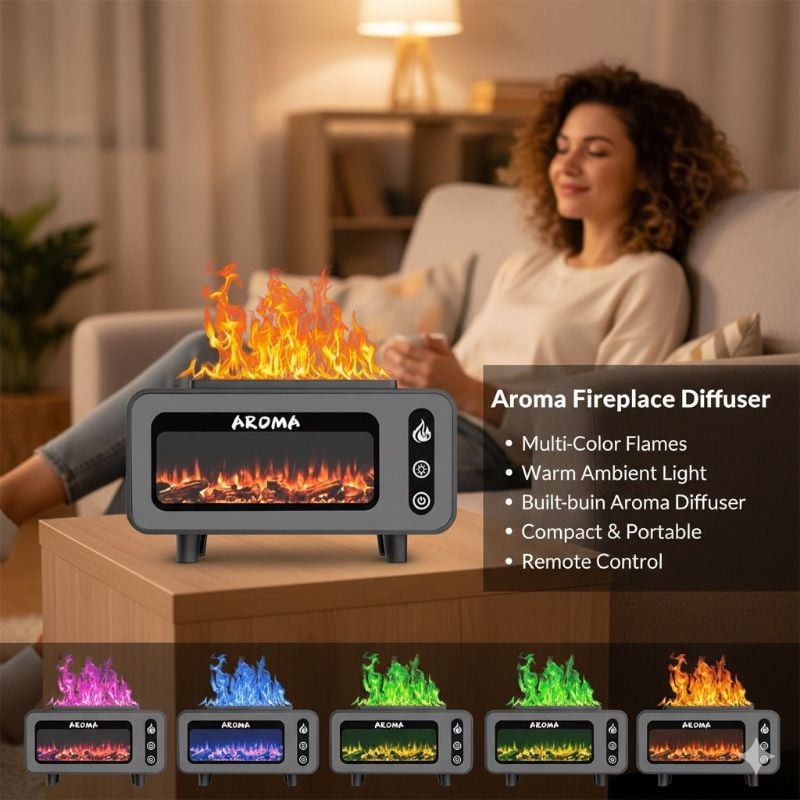 Aroma Fireplace Diffuser with Multi-Color Flames and Remote