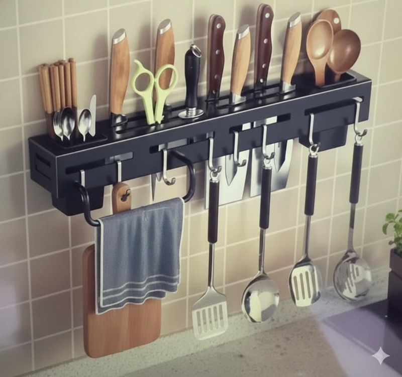 Multi-Functional Wall-Mounted Kitchen Utensil and Knife Organizer Rack