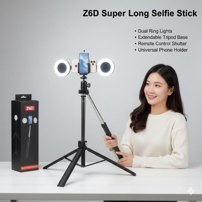 Z6D Super Long Selfie Stick & Tripod with Dual Ring Lights