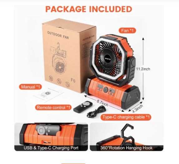 VENTILADOR RECARGABLE PORTÁTIL F6 CON LUZ LED 20000mAh NARANJA