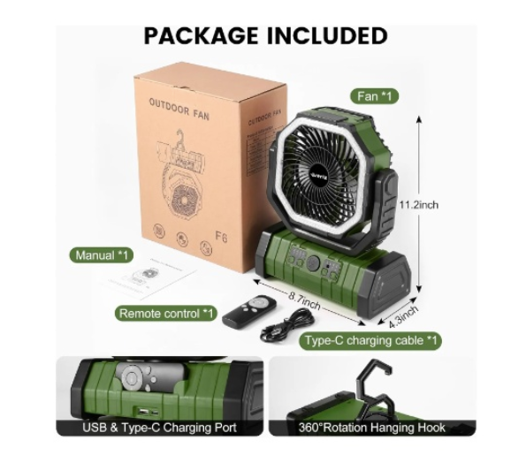 VENTILADOR RECARGABLE PORTÁTIL F6 CON LUZ LED 20000mAh VERDE