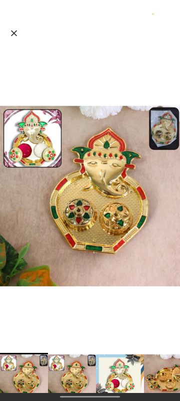 Golden Finish Ganesh Design Decorative Kumkum Box with Twin Containers – Multicolor Stone Work Sindoor & Chawal Holder for Pooja, Festivals & Religious