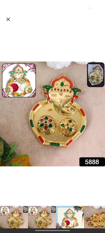 Golden Finish Ganesh Design Decorative Kumkum Box with Twin Containers – Multicolor Stone Work Sindoor & Chawal Holder for Pooja, Festivals & Religious