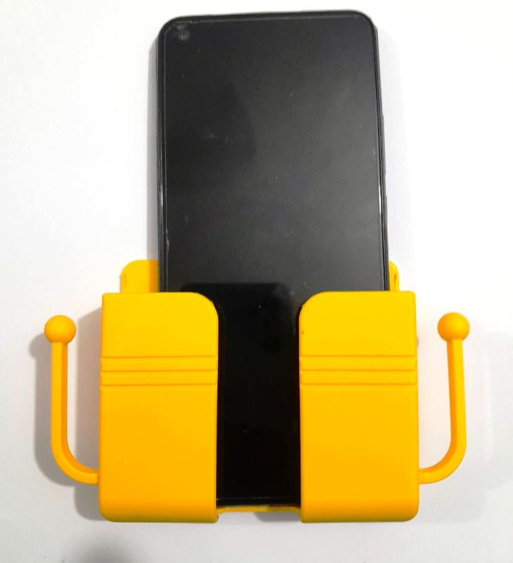 Wall-Mounted Mobile Holder with Dual Hooks – Strong Adhesive & Space Saving