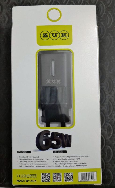 65W Fast Charger with Type-C Cable – PD Smart Charging Adapter