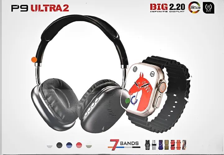 P9 Ultra 2 Smartwatch & Wireless Headphones Combo | Bluetooth Calling, Fitness Tracking & 7 Straps