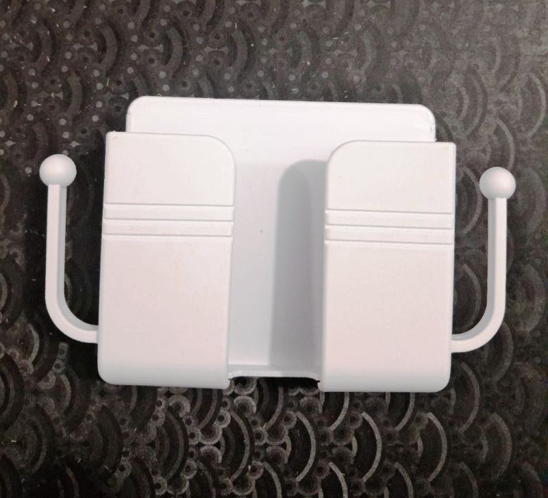 Wall-Mounted Mobile Holder with Dual Hooks – Strong Adhesive & Space Saving