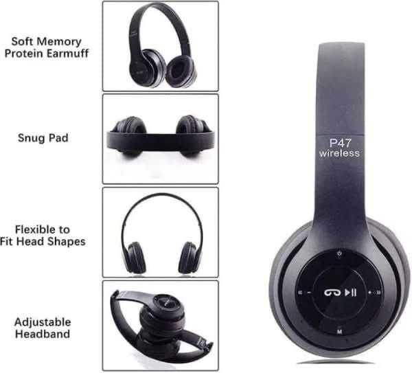 P47 Wireless Bluetooth Headphones – Deep Bass & Foldable Design
