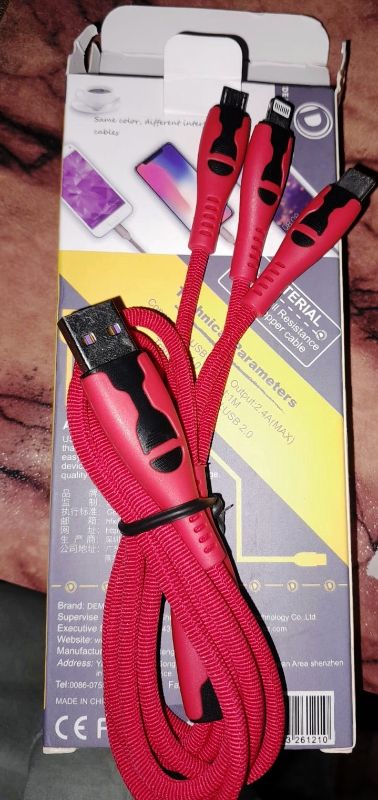 3-in-1 Fast Charging Cable – Type-C, Micro USB & Lightning (Red)