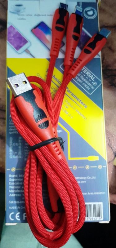 3-in-1 Fast Charging Cable – Type-C, Micro USB & Lightning (Red)