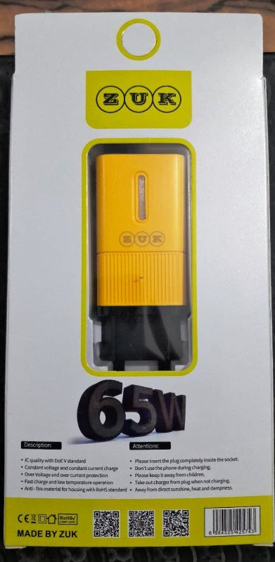 65W Fast Charger with Type-C Cable – PD Smart Charging Adapter