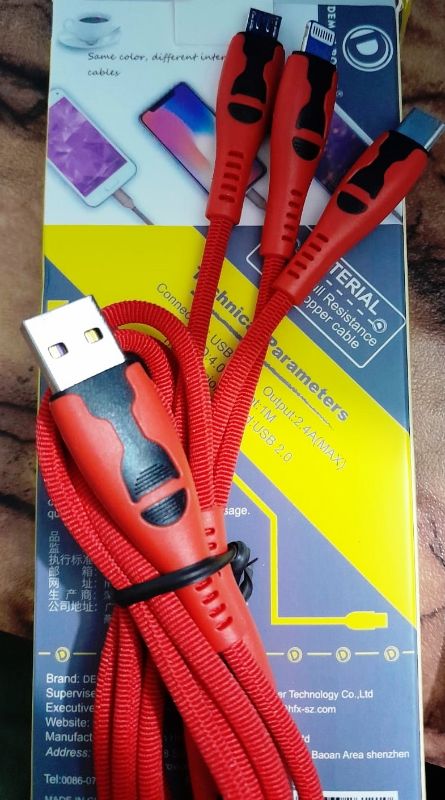 3-in-1 Fast Charging Cable – Type-C, Micro USB & Lightning (Red)