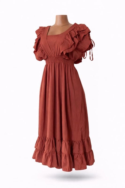 Robe mi-longue en crépon volantée à col V Asos de couleur rouille