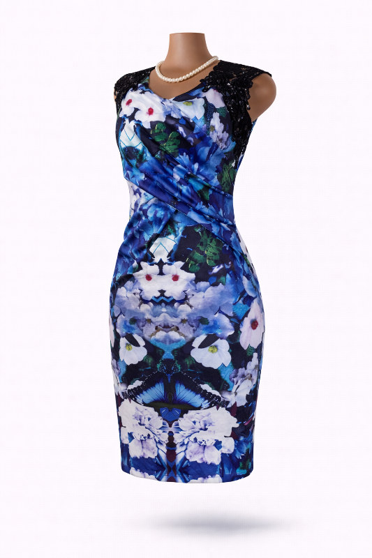 Robe moulante imprimée florale avec dentelle et ouverte au dos