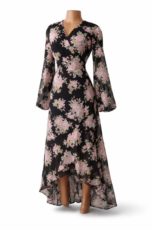 Robe midi portefeuille noire à manche longues et imprimé floral rose