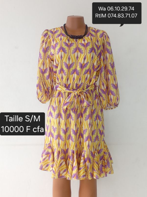 Robe lin jaune imprimée violet
