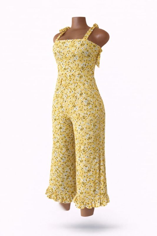 Combinaison à imprimé floral jaune et blanc avec bretelles à nouer et jambes larges