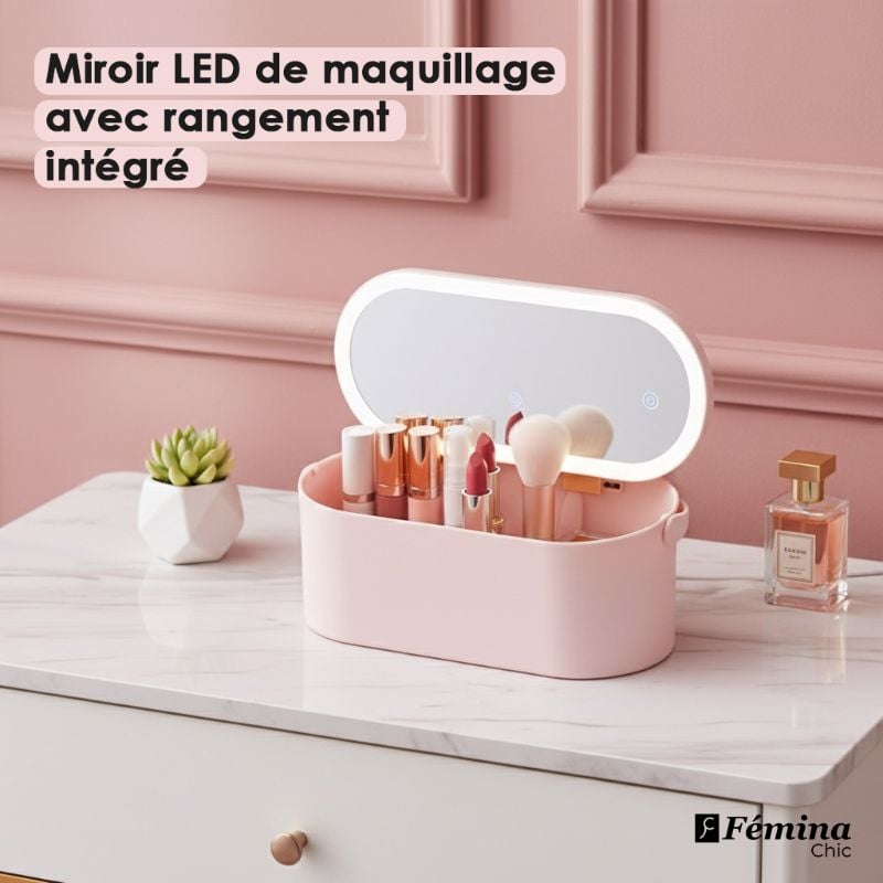 Miroir LED de maquillage avec rangement intégré