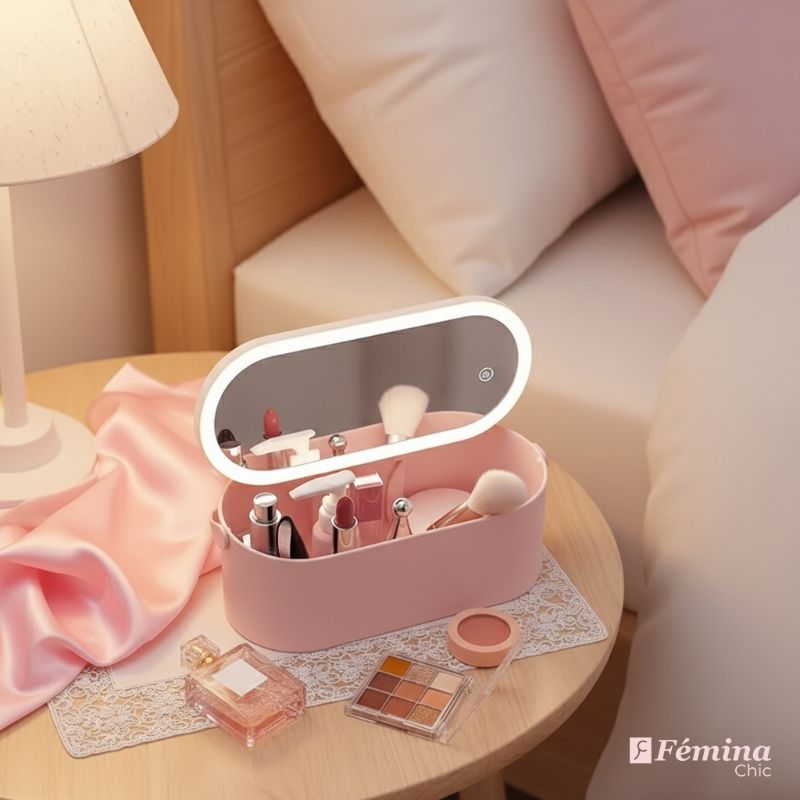 Miroir LED de maquillage avec rangement intégré