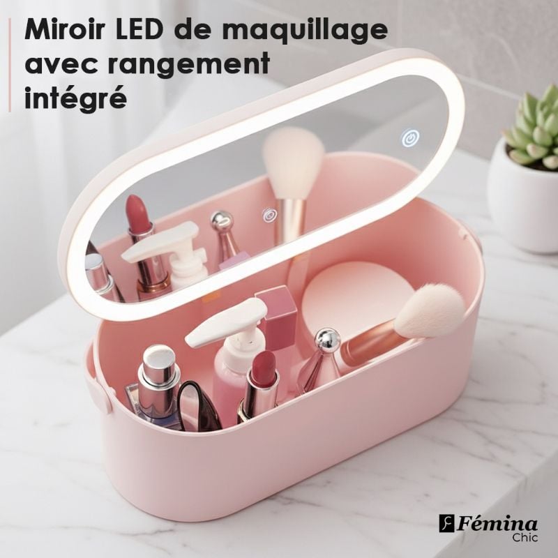Miroir LED de maquillage avec rangement intégré