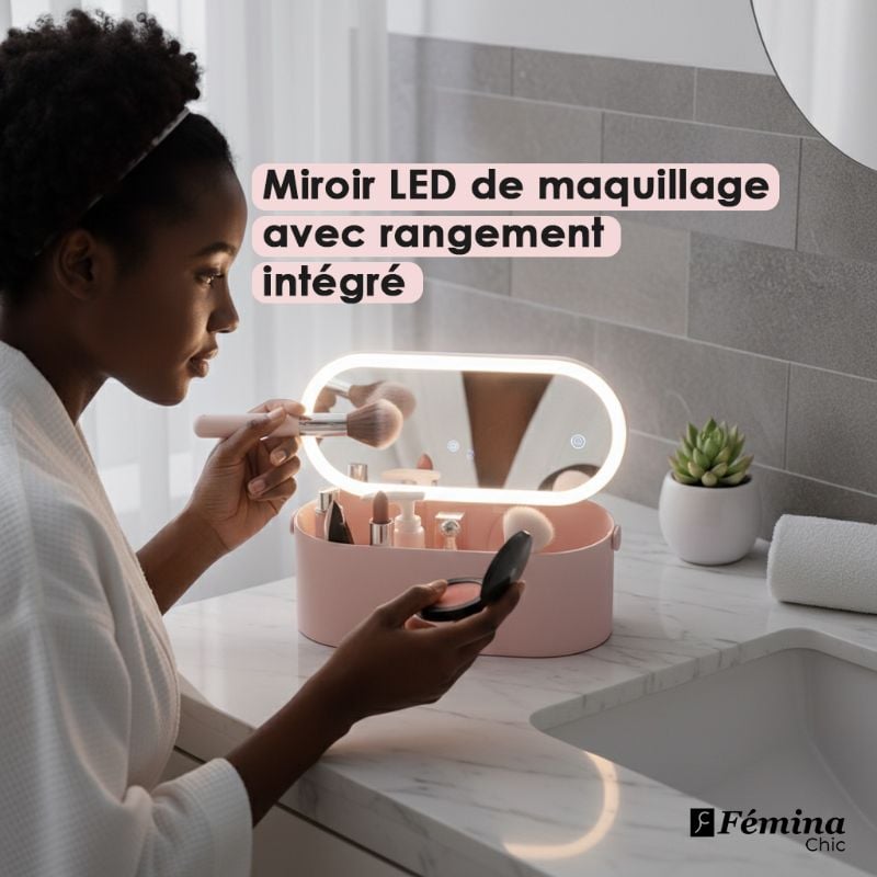 Miroir LED de maquillage avec rangement intégré