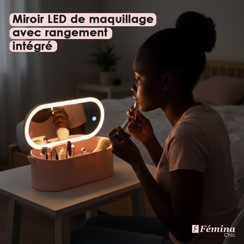Miroir LED de maquillage avec rangement intégré
