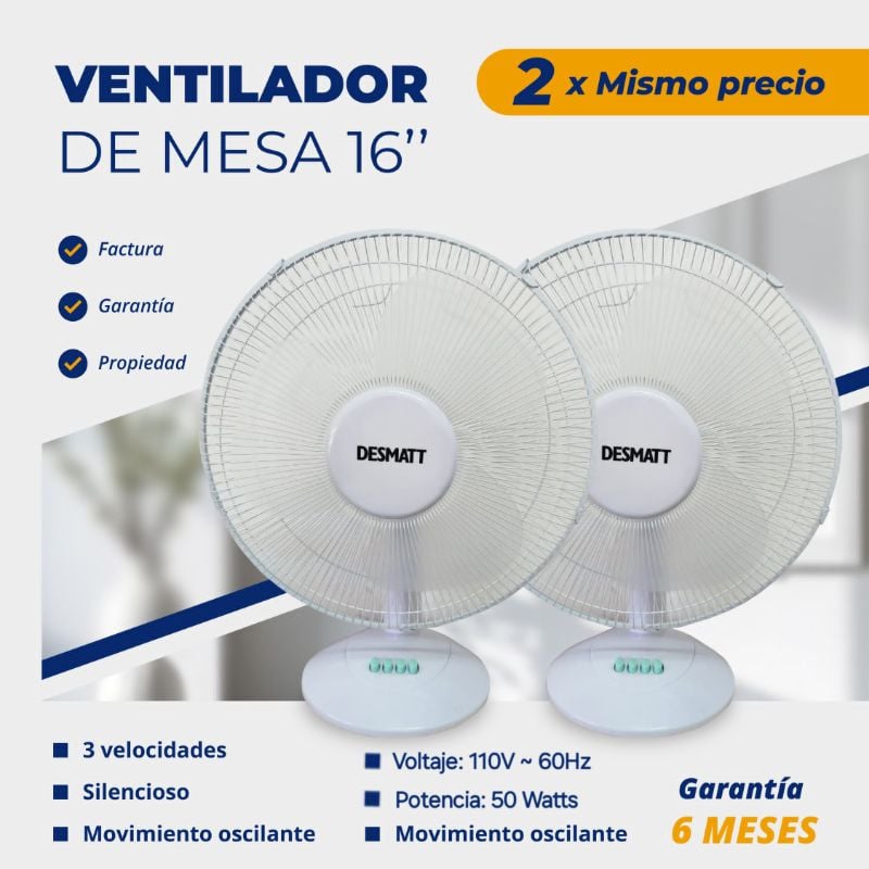 Ventilador de Mesa Marca DESMATT de 16 pulgadas, 2 en una Caja