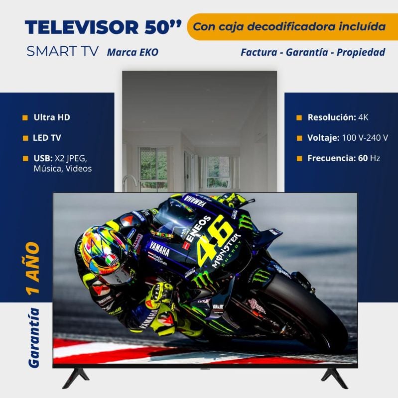 Televisor 50" Smart TV con caja decodificadora incluída