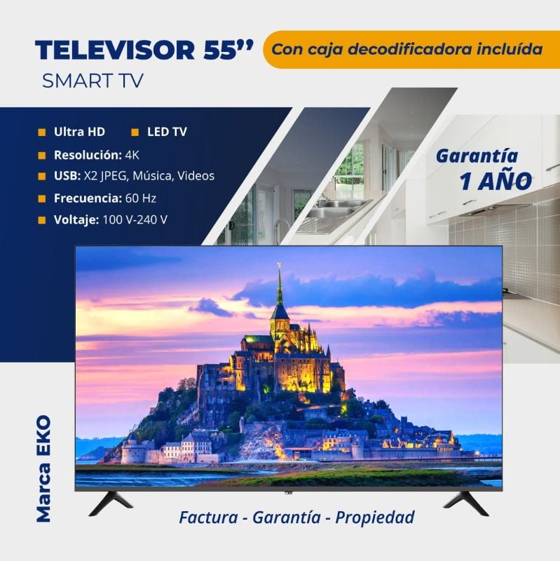 🔹 *Televisor 55" Smart TV, Android, Híbrido con caja decodificadora incluída