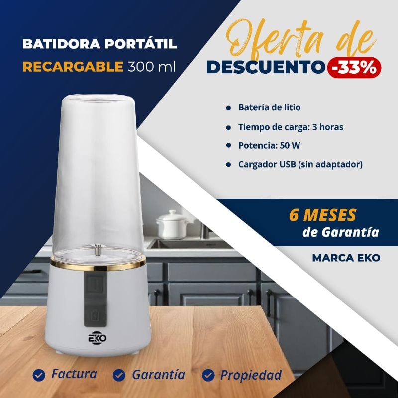 Batidora Portátil Recargable 300 ml Marca EKO