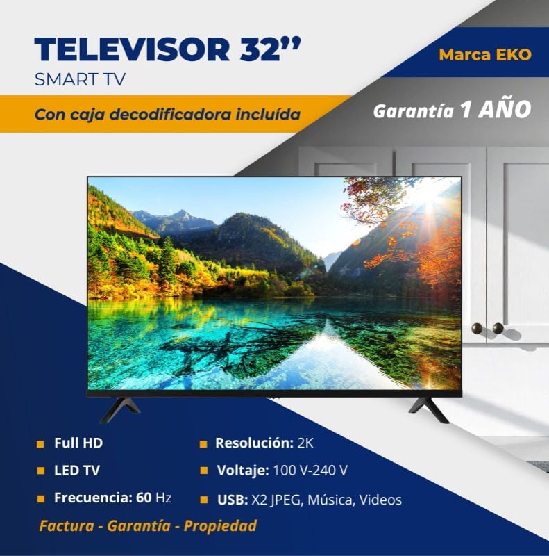 Televisor 32" Smart TV con caja decodificadora incluída