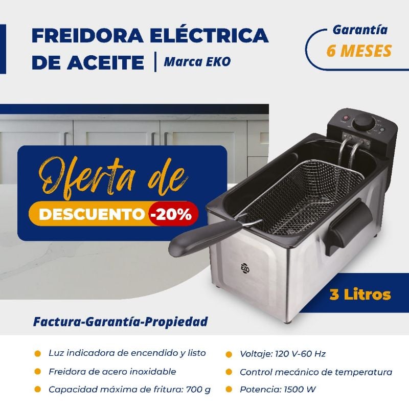 Freidora Eléctrica de Aceite 3.0 L Marca EKO