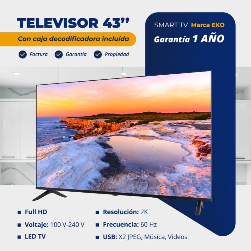 Televisor 43" Smart TV con caja decodificadora incluída