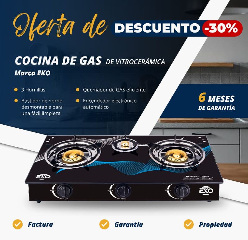 COCINA DE GAS De Vitrocerámica Marca EKO Quemador Triple