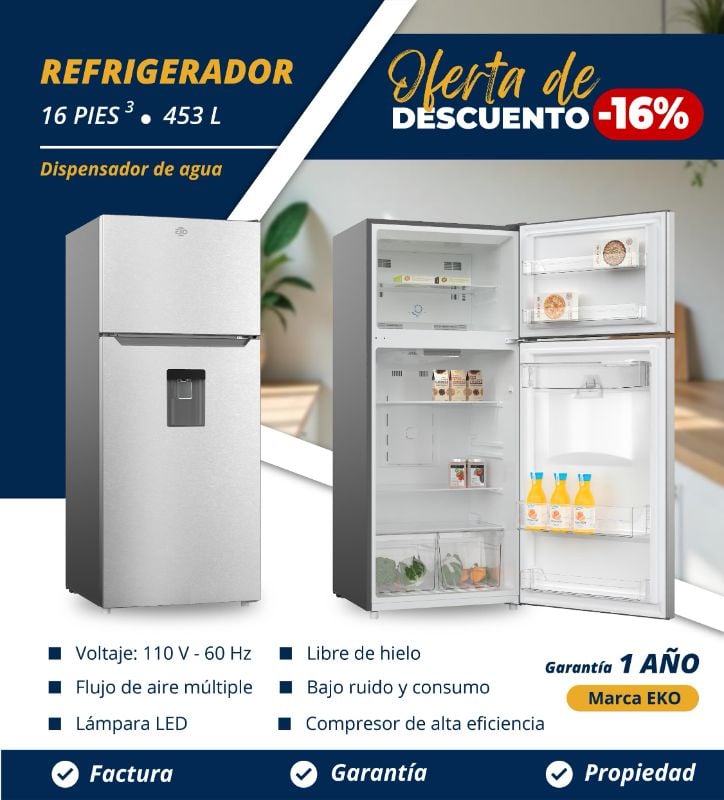 REFRIGERADOR 16 pies³ / 453L Marca EKO, Con Dispensador