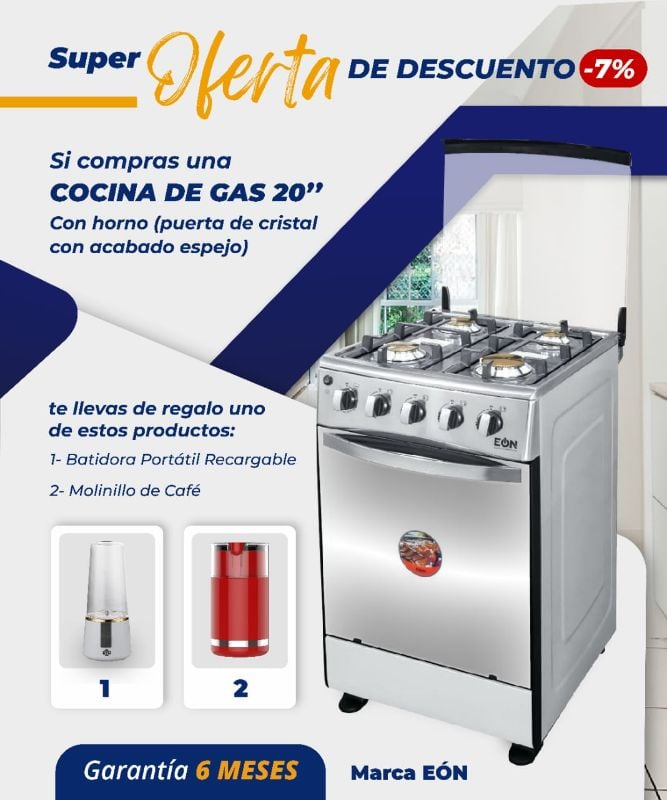 *Fogón de Gas 20 " Horno con Puerta de Cristal Marca EÒN* 

📌 *_Con la compra se incluye de Regalo un  Molinillo de café o Batidora Portátil