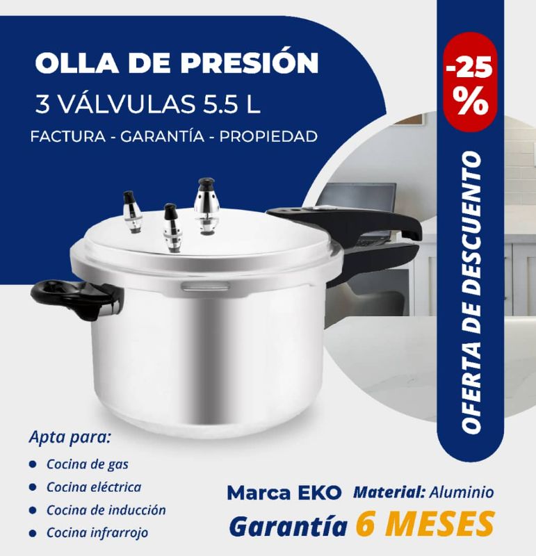 OLLA DE PRESIÓN De 3 Válvulas de aluminio  5.5L Base de Inducción, Marca Eko