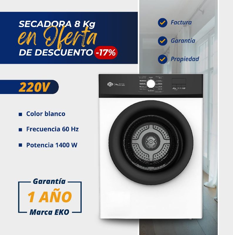Secadora a Vapor 220V Marca EKO 8 Kg